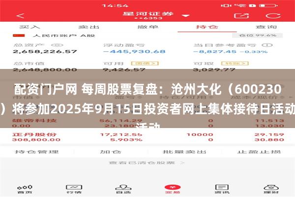 配资门户网 每周股票复盘：沧州大化（600230）将参加2025年9月15日投资者网上集体接待日活动